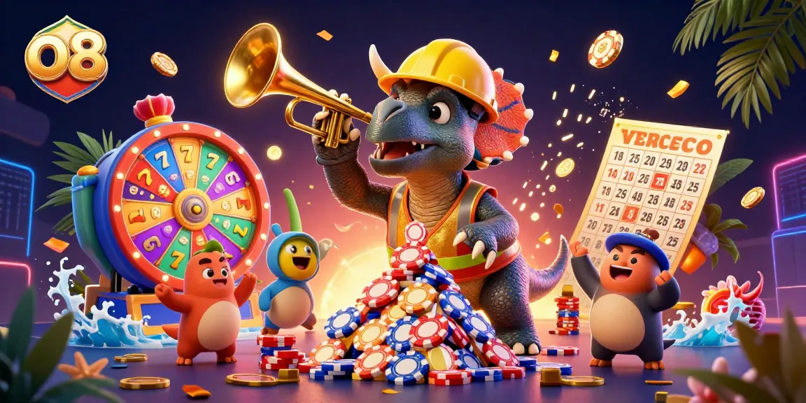 Join the excitement at o8 with a 3D triceratops building poker chip towers amid vibrant casino elements.