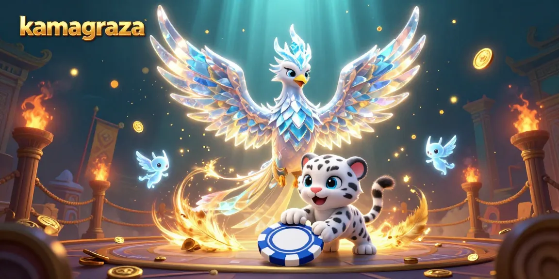 Experience thrilling wins with kamagraza as a vibrant ice phoenix dances alongside poker chips in an enchanted casino.
