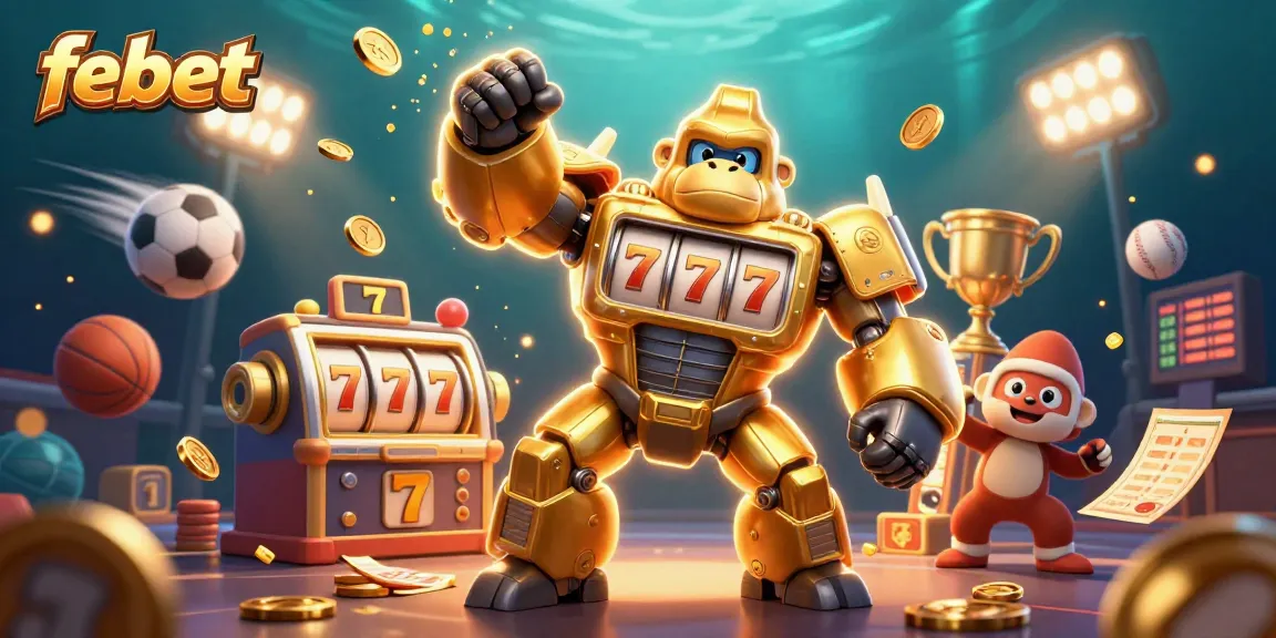 Experience excitement with febet's golden gorilla mech surrounded by dynamic casino elements.