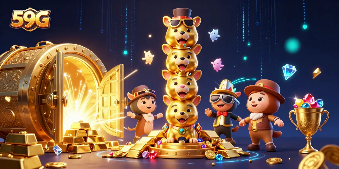 Engage with the colorful world of 59G through a dynamic 3D casino illustration filled with treasure and excitement.