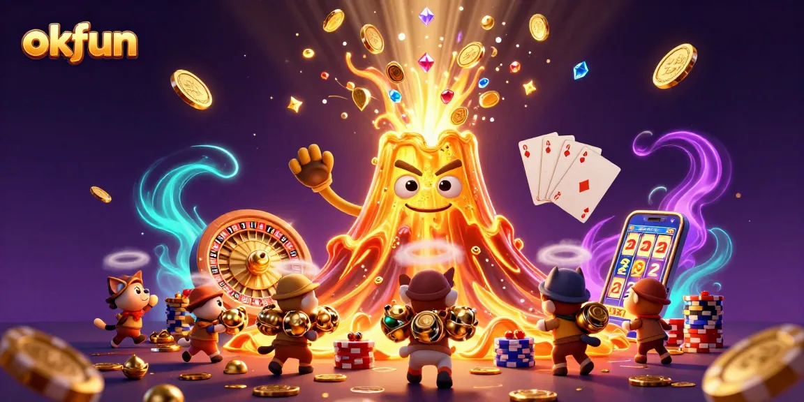 Explore thrilling wins at okfun with a vibrant scene of treasures and casino elements.