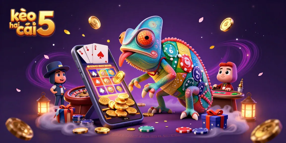 Engage with kèo nhà cái 5 as the chameleon casino owner captures golden coins in an animated 3D scene.