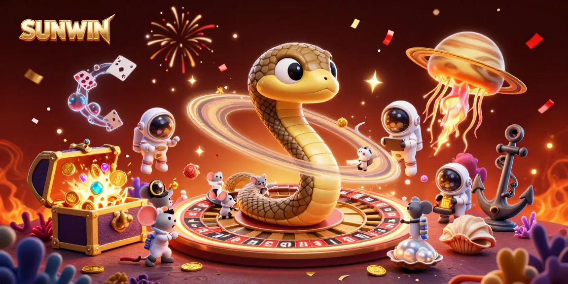 SUNWIN's vibrant 3D casino illustration features Saturn's ring snake as a roulette wheel, with astronaut mice betting.