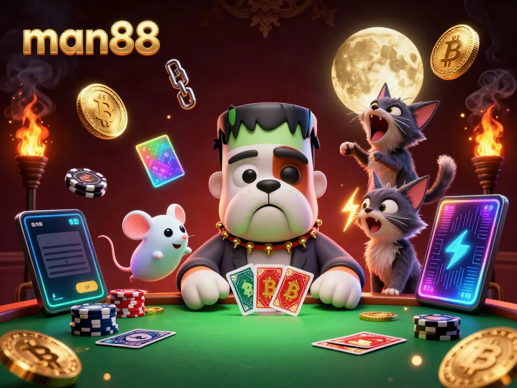 Experience thrilling gaming at man88 with vibrant characters and rich casino elements in a spooky atmosphere.