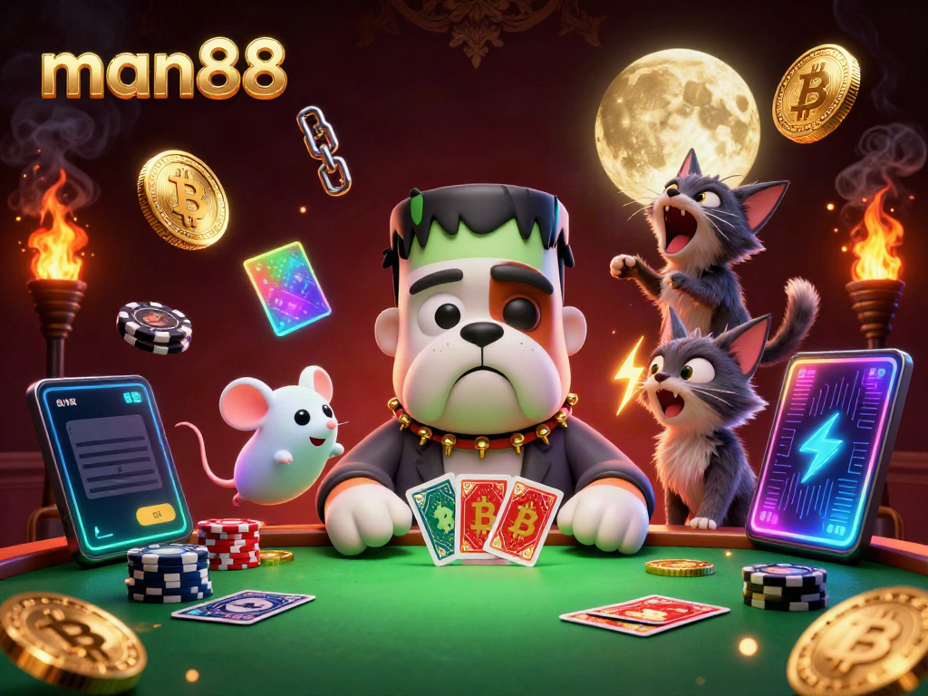 Experience thrilling gaming at man88 with vibrant characters and rich casino elements in a spooky atmosphere.