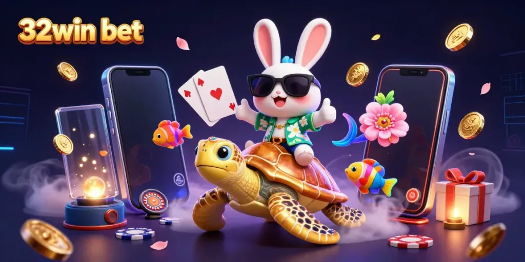 Engage with 32win bet through an illustration of a rabbit and a turtle celebrating wins in a vibrant casino world.