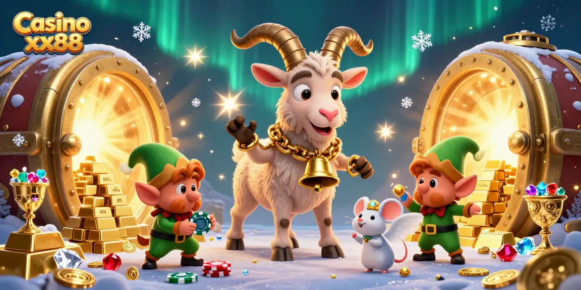 Engage in the excitement of Casino xx88, showcasing a Krampus goat, angel mouse, and gremlin characters in a vibrant casino scene.
