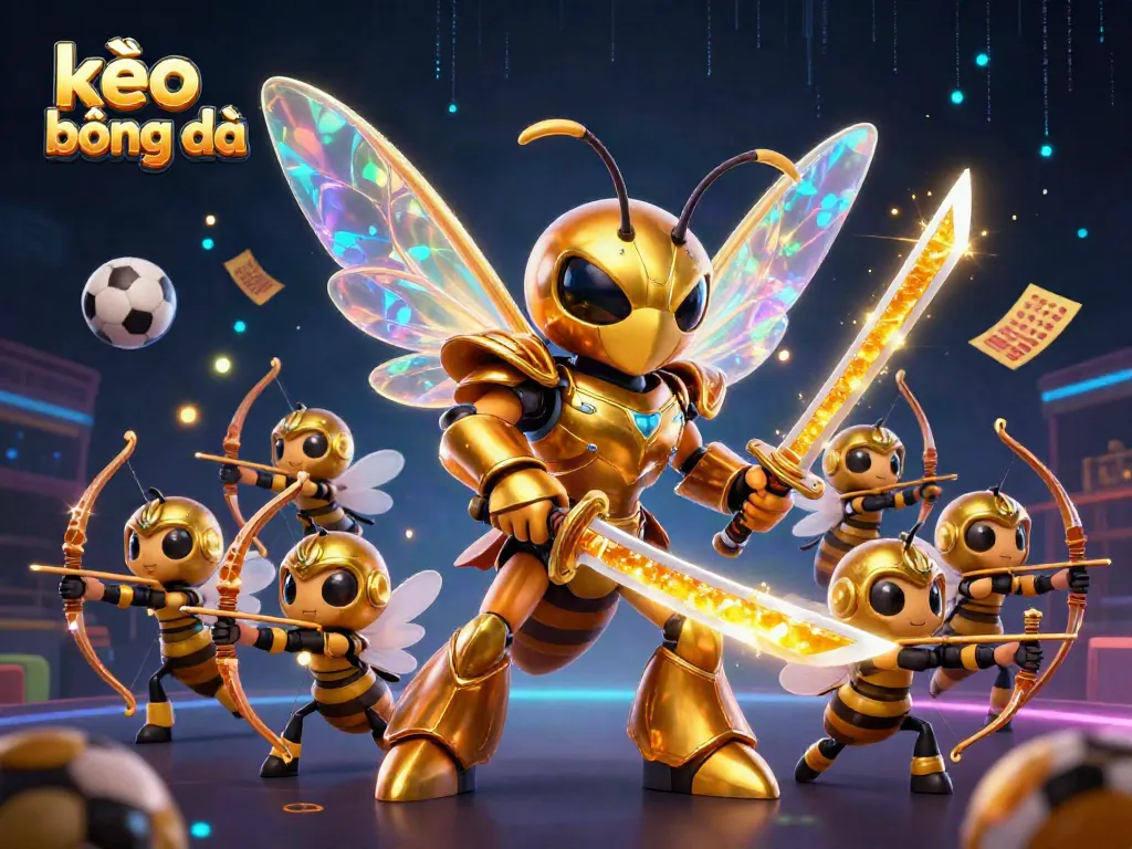 Engage with kèo bóng đá through a dynamic scene featuring a giant golden hornet samurai and bee archers amidst sports betting elements.
