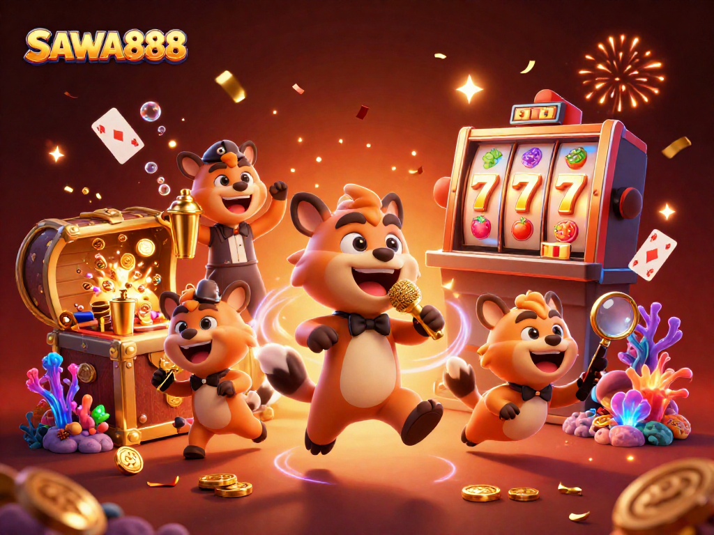 Experience thrilling gameplay with SAWA888's vibrant casino scene featuring characters and dynamic slot elements.