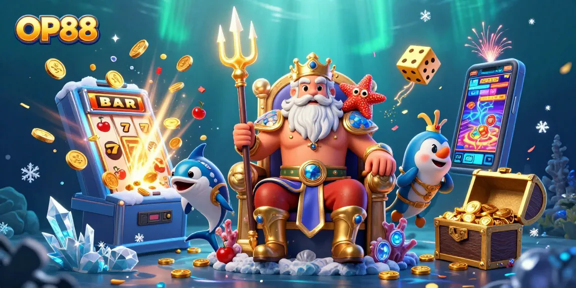 Experience the excitement of OP88 with a vibrant underwater jackpot scene filled with games and treasures.