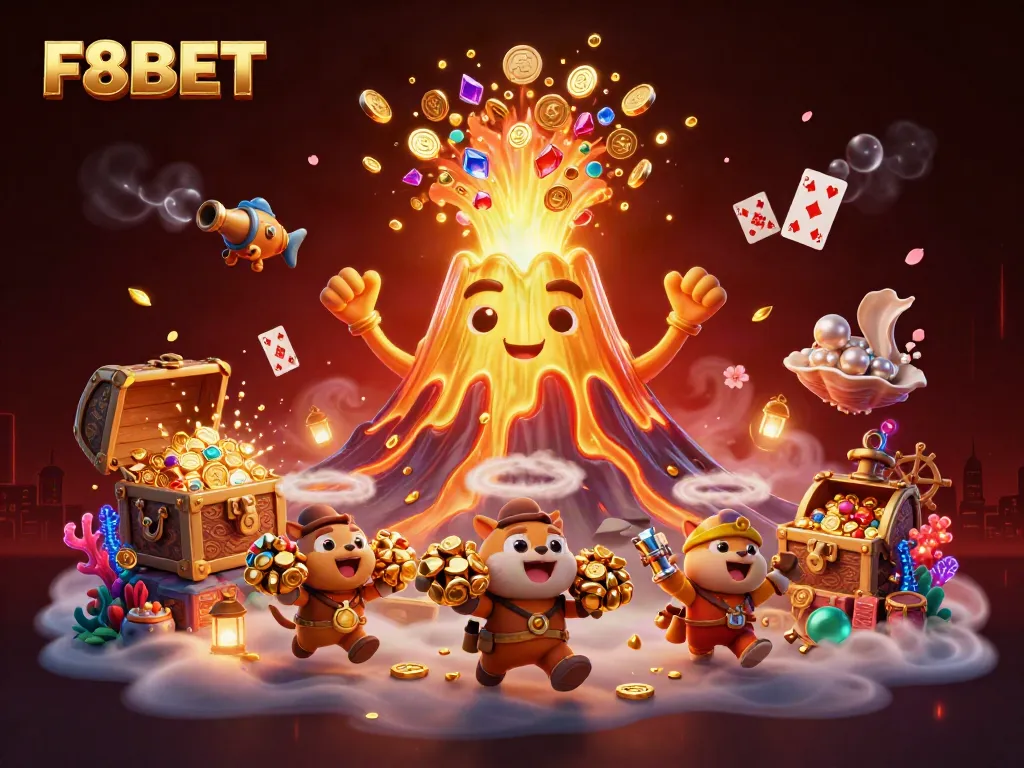 Experience excitement with F8BET's casino treasures erupting from a golden volcano illustration.