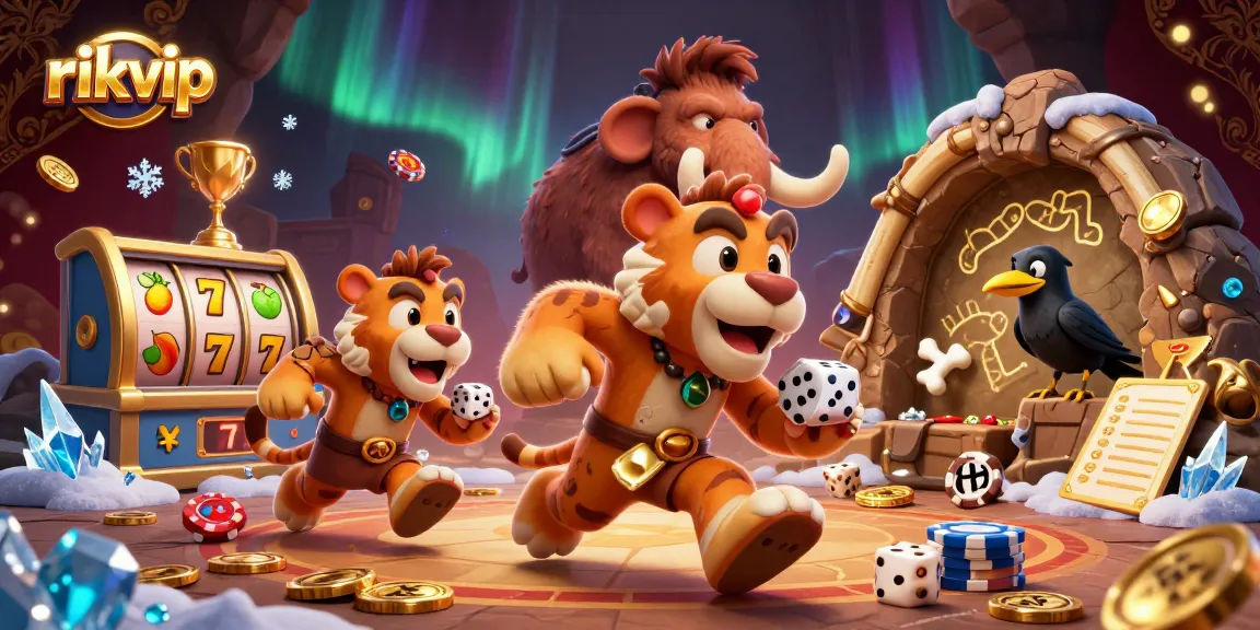 Experience thrilling slots action with rikvip's unique prehistoric casino setup featuring lively characters.