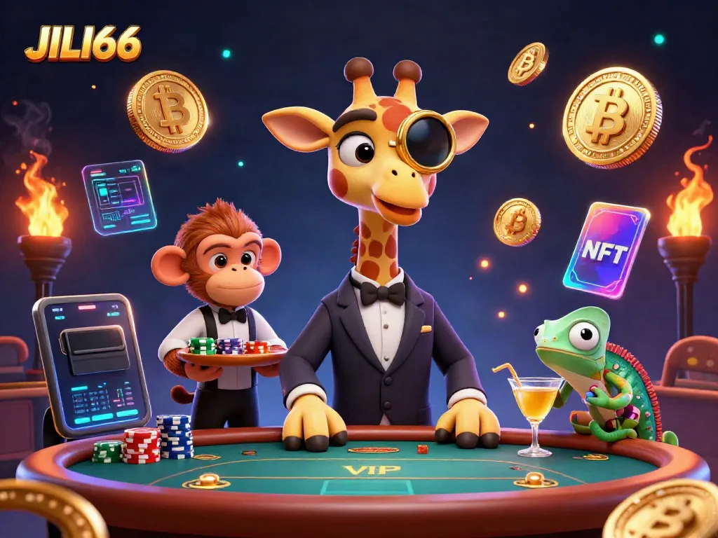 Win big at JILI66 with a vibrant casino scene featuring a high-roller giraffe and exciting game elements.