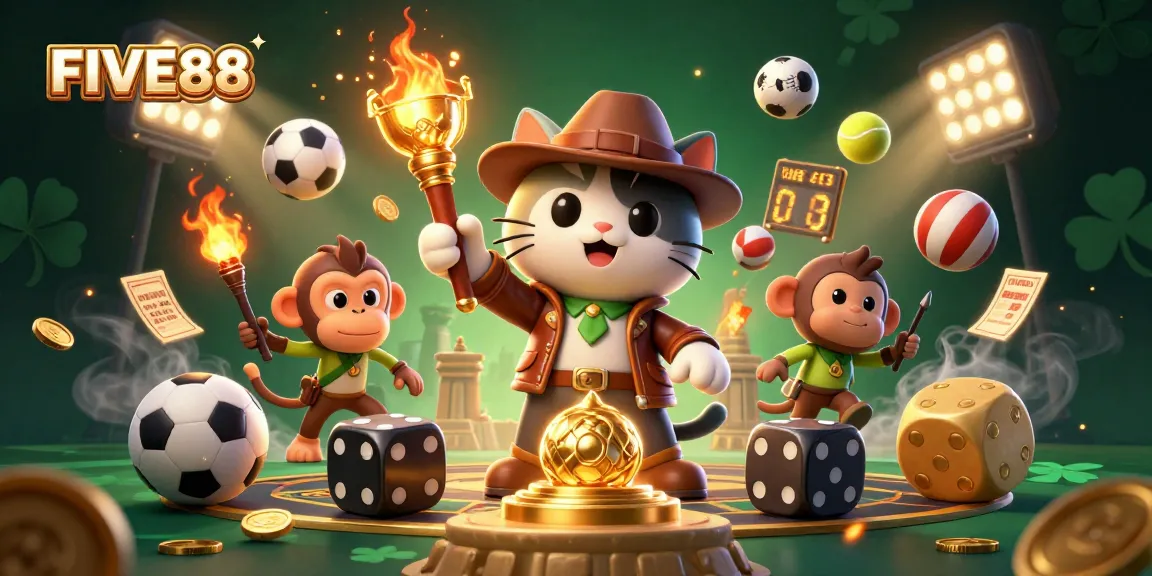 Experience thrilling adventures at FIVE88 with a cartoon cat explorer and a monkey finding ancient casino treasures.