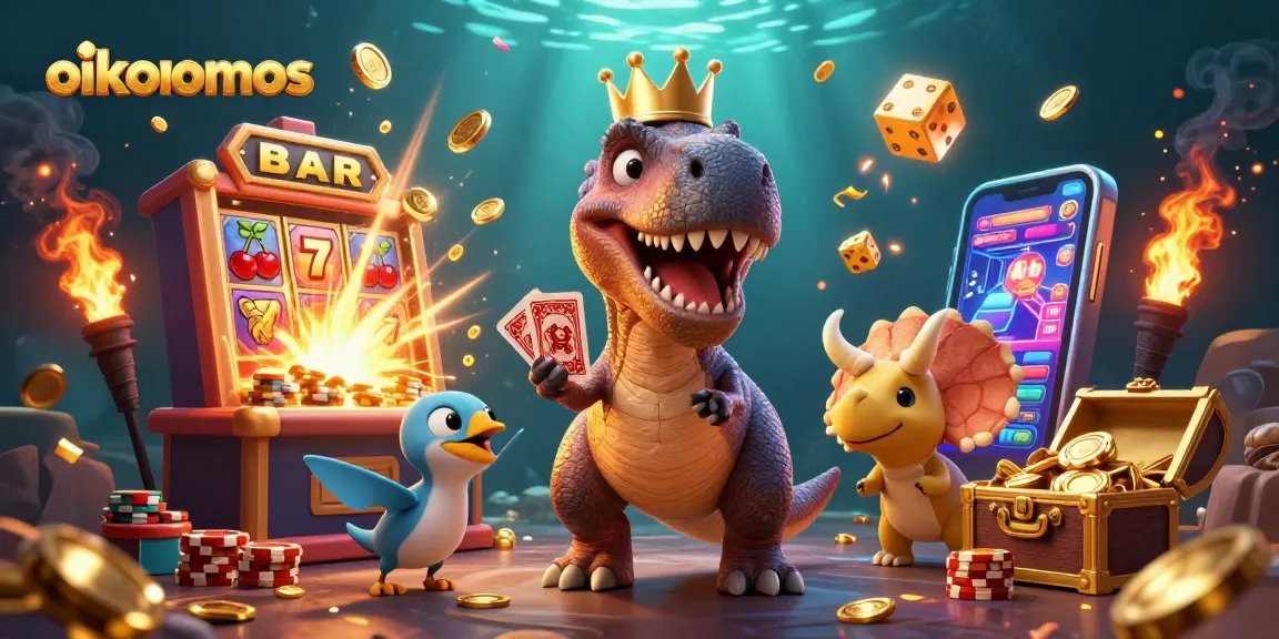 Engage with exciting slots at oikonomos as a T-Rex shuffles cards beside a slot machine bursting with coins.