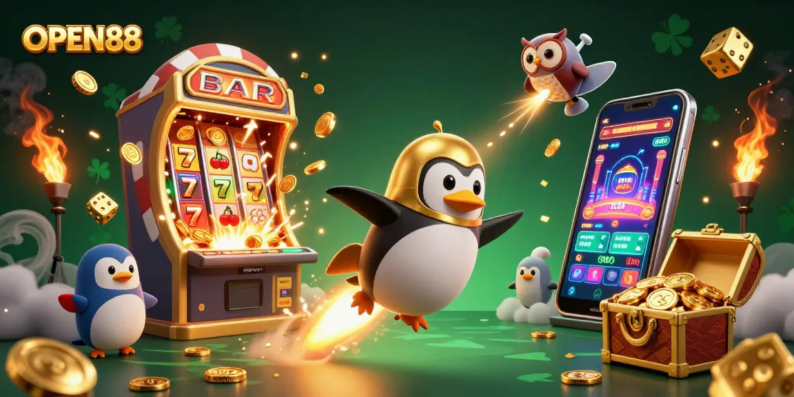 Experience the thrill of OPEN88 with a golden penguin blasting through space to a casino, featuring vibrant slot elements.