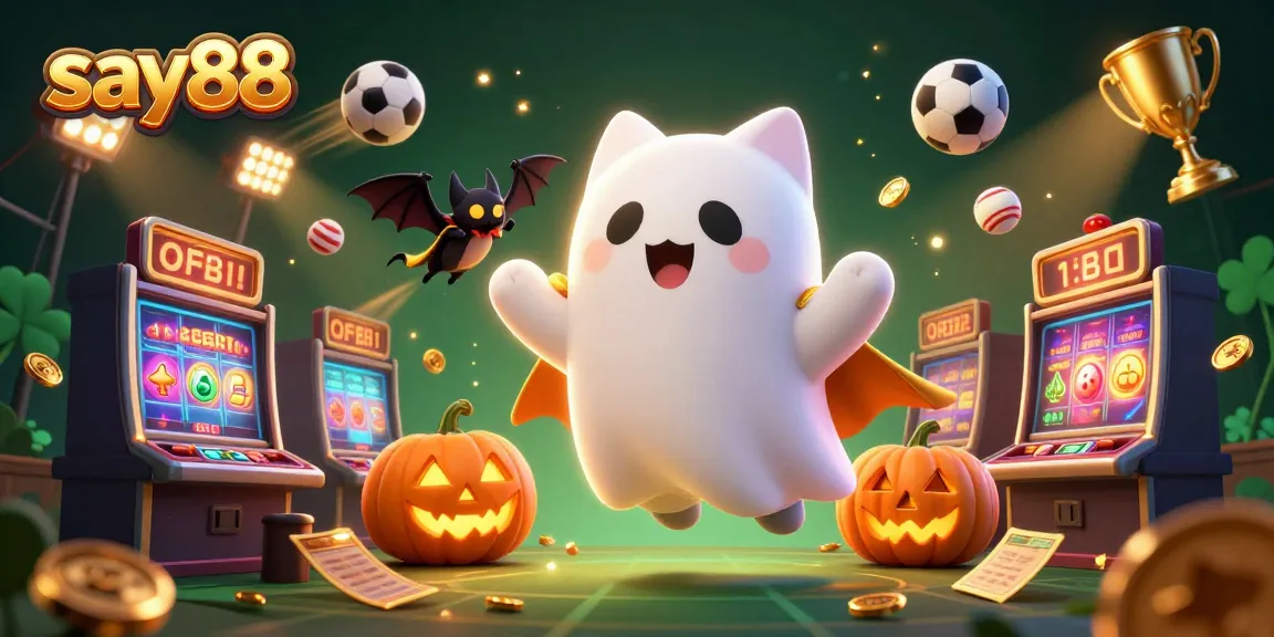 Experience thrilling gameplay at say88, featuring a friendly ghost cat and vibrant casino elements.
