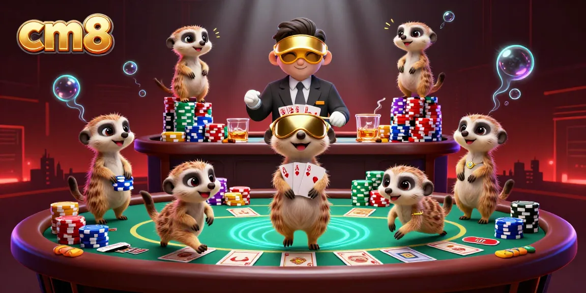 Experience the excitement of cm8 with meerkats running a lively casino scene filled with colorful poker elements.