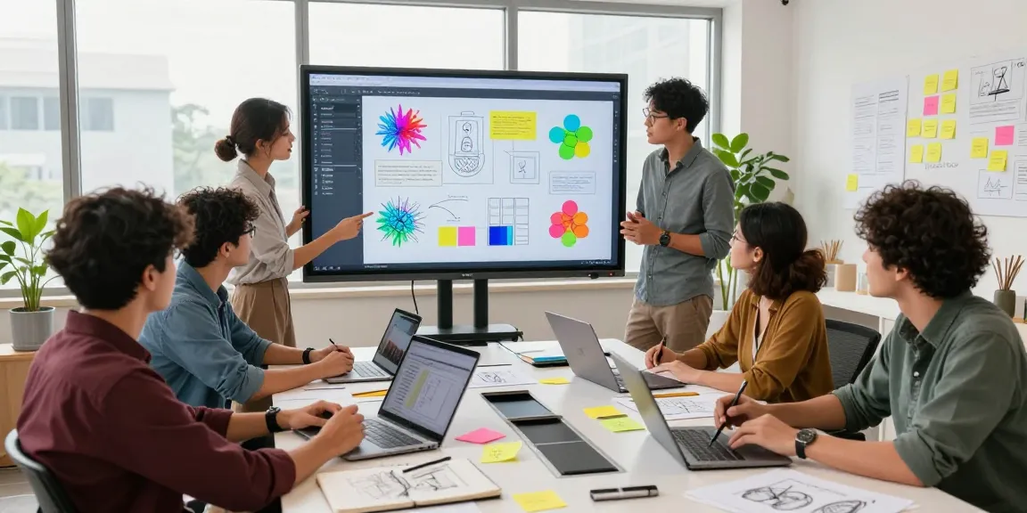 Team of creative professionals collaborating using mixboard ai on a digital canvas in a modern studio.