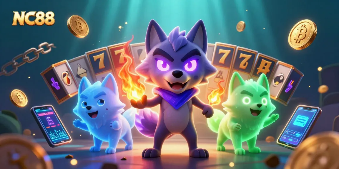 Engage in exciting slot gameplay at NC88 with a captivating scene featuring animated wolf characters and colorful casino elements.