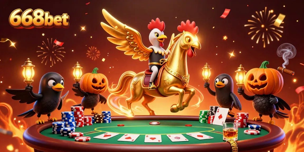 Experience the excitement of 668bet with golden rooster and crow characters in a vibrant casino setting.