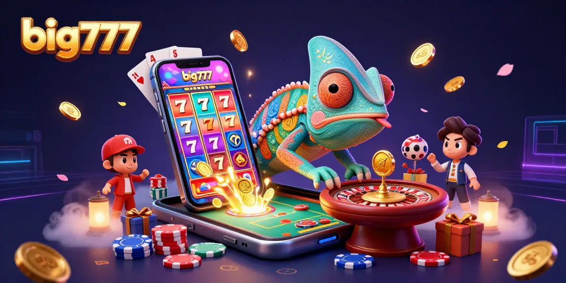 Experience excitement with big777 as colorful slot games and gold coins burst from a smartphone in a lively casino scene.