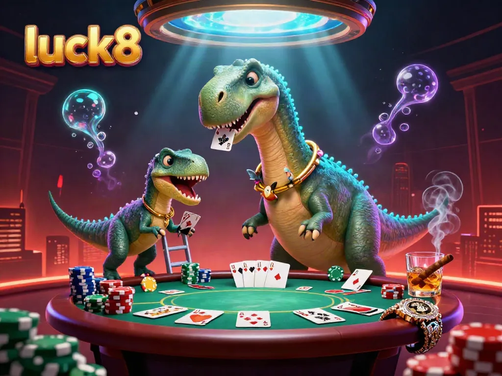 Experience thrilling poker action with luck8's animated brontosaurus and raptor dealer.