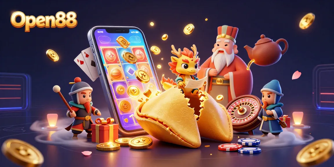 The Open88 casino features dynamic play with a giant fortune cookie and a wise dragon amidst gaming elements.