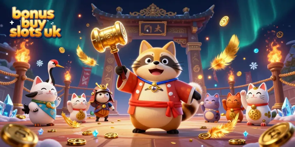Engage with bonus buy slots UK in this colorful 3D casino-themed illustration featuring joyful characters and rich gaming elements.