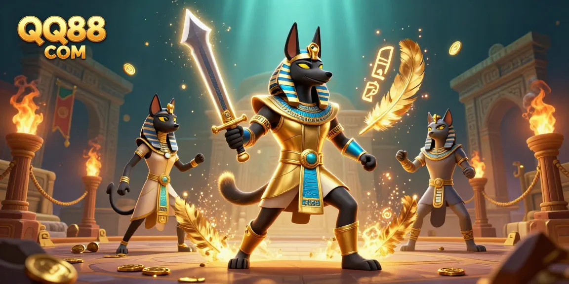 Engage in thrilling gameplay with QQ88 COM featuring Anubis and Bastet in a dynamic casino scene.
