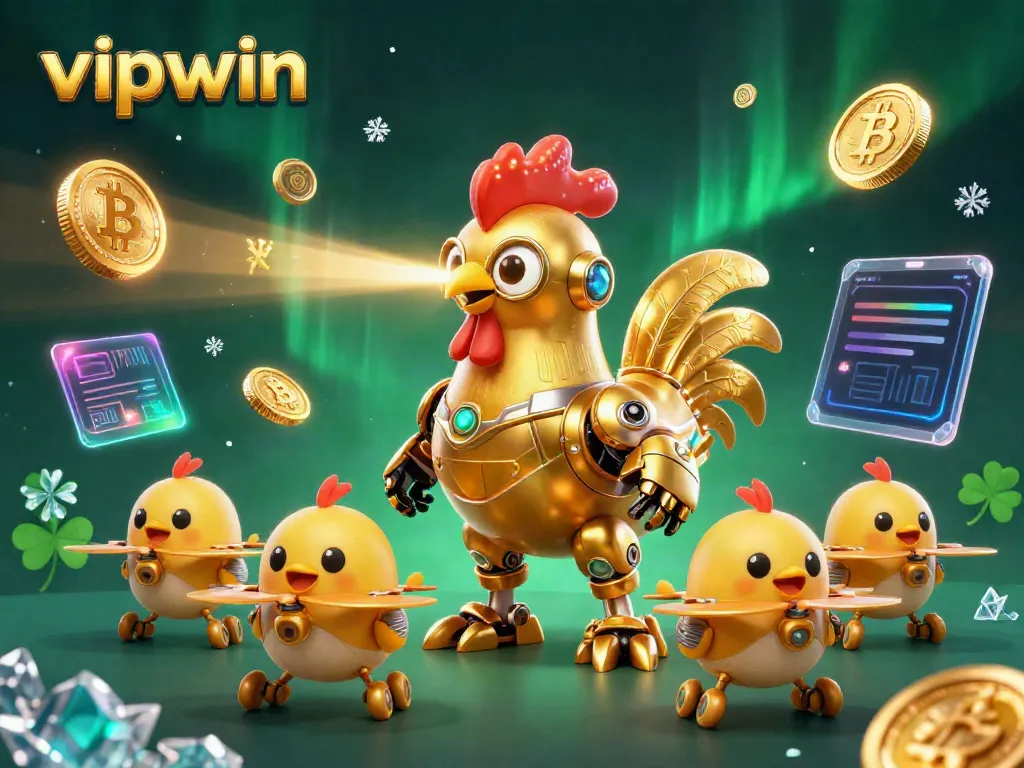 Experience thrilling gaming at vipwin with a golden robot rooster and crypto elements.