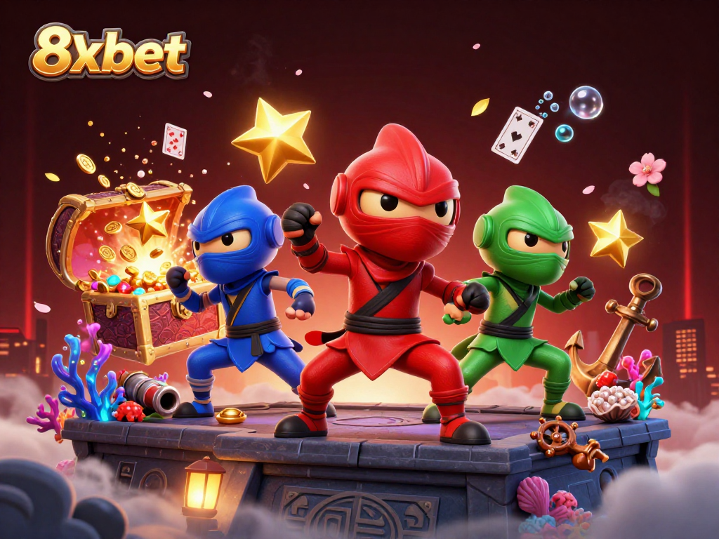 Experience thrilling gaming at 8xbet with our vibrant ninja chameleon illustration capturing the excitement of online wagering.