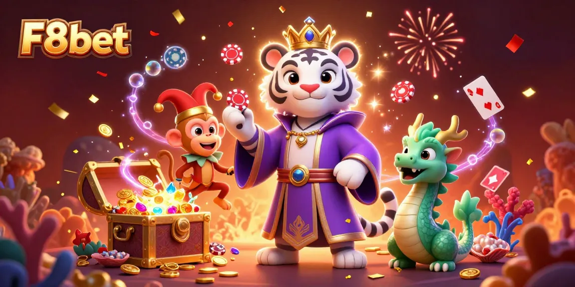 Experience the vibrant world of F8bet with a lively tiger, monkey, and dragon amidst casino treasures and festive elements.