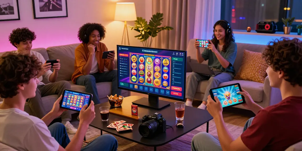 Players enjoying Sunwin games on mobile devices in a vibrant living room setting