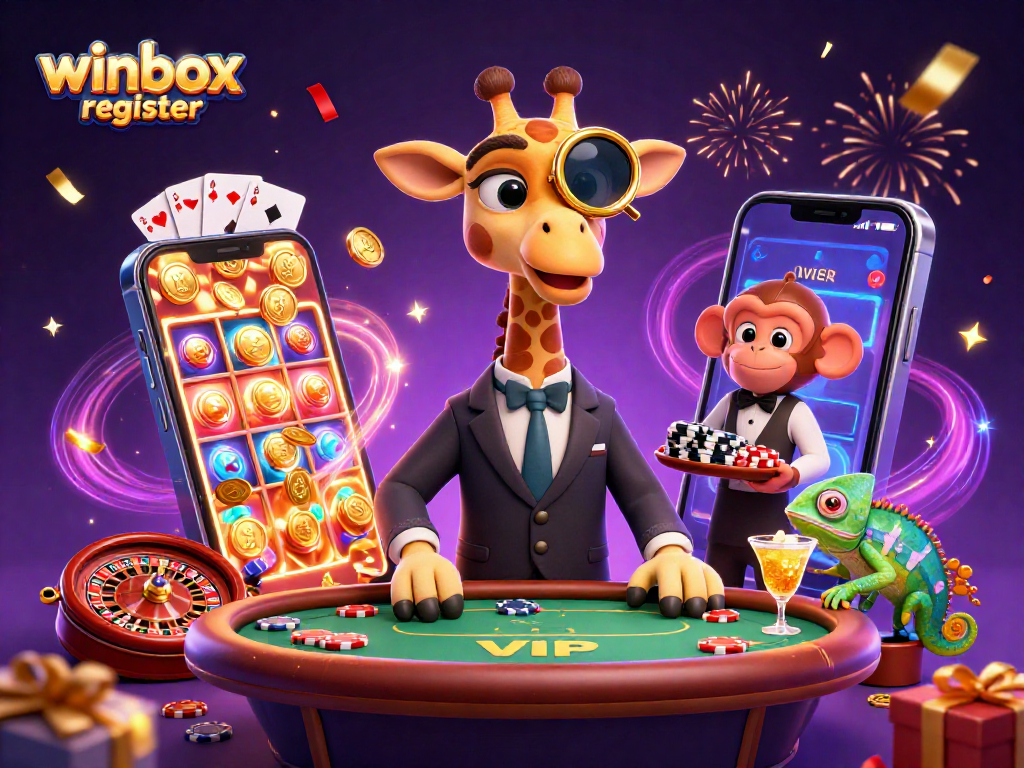 Experience the excitement with winbox register as animated characters celebrate at a vibrant casino scene.