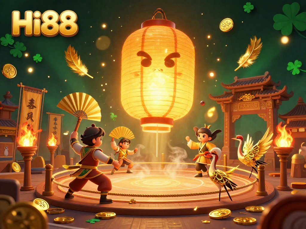 Engage with Hi88 at this lively casino scene filled with golden coins, lanterns, and vibrant gambling elements.