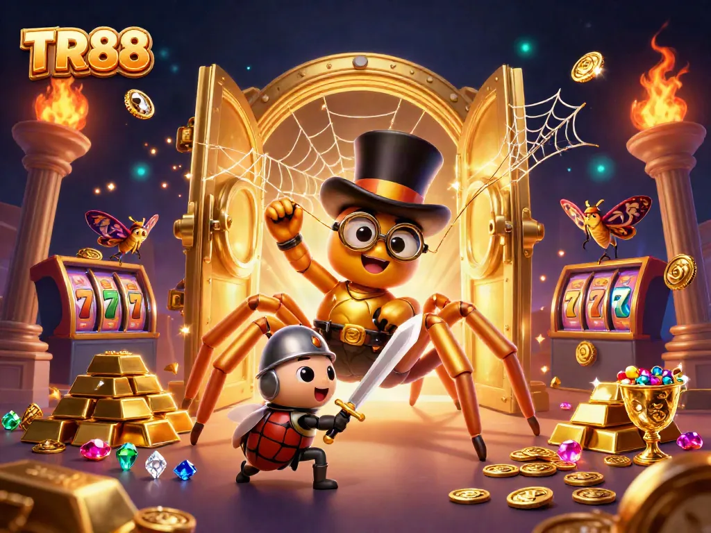 Experience the thrill of TR88 slots with a dazzling illustration of a golden tarantula and beetle knight amid casino treasures.