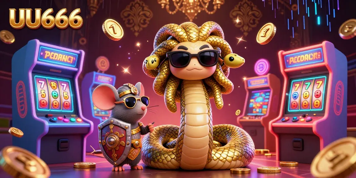 Experience exhilarating gaming at UU666 with Medusa and a warrior mouse amidst vibrant slot machines.