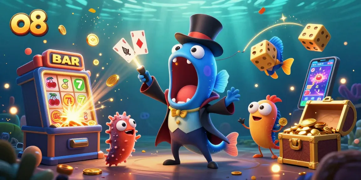 Experience thrilling o8 gameplay with a magical underwater casino scene featuring card tricks and jackpots.
