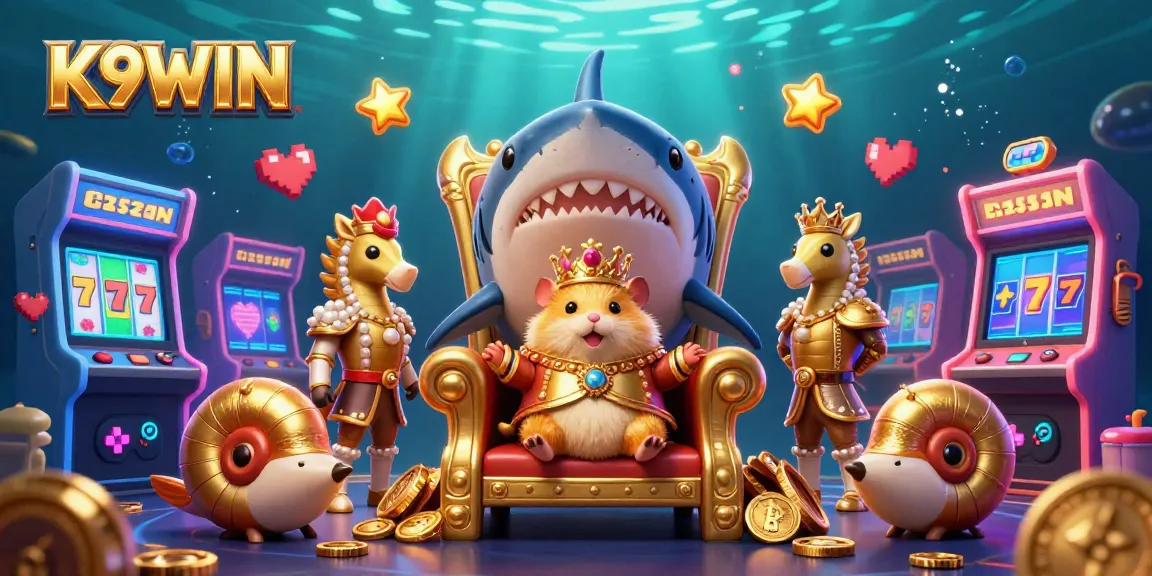 K9WIN showcases an exciting online casino scene with a golden hamster king, surrounded by vibrant gaming elements.