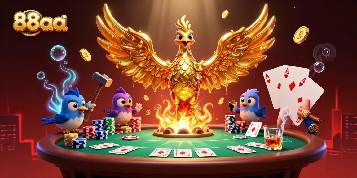 Experience thrilling action at 88aa with poker elements and a stunning golden phoenix emerging triumphantly.