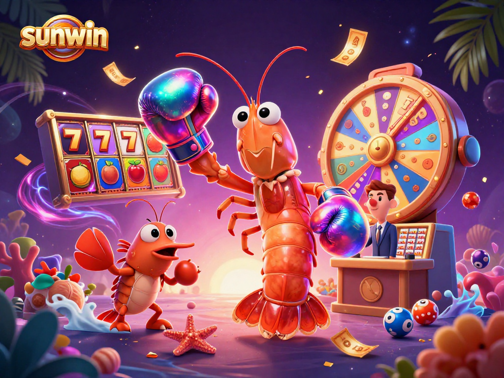 Play slot games with sunwin's vibrant casino scene featuring animated characters and lively game elements.