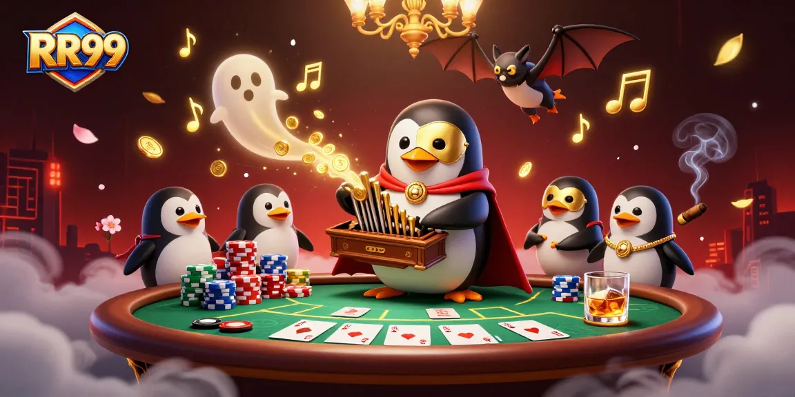 Experience the thrill of RR99 with vibrant 3D casino visuals showcasing an enchanting penguin and dynamic poker gameplay.