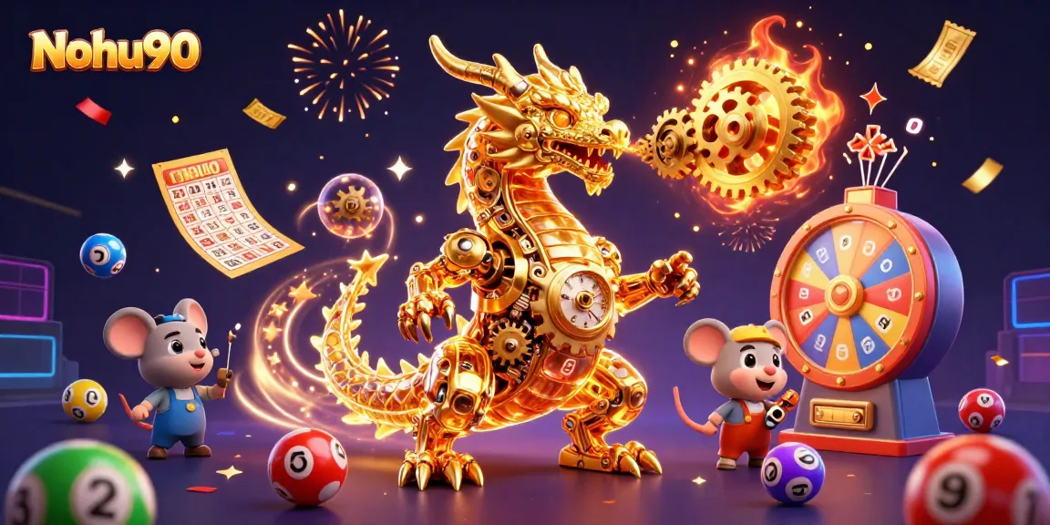 Nohu90 showcases exhilarating 3D gaming moments with a golden dragon and vibrant lottery elements.
