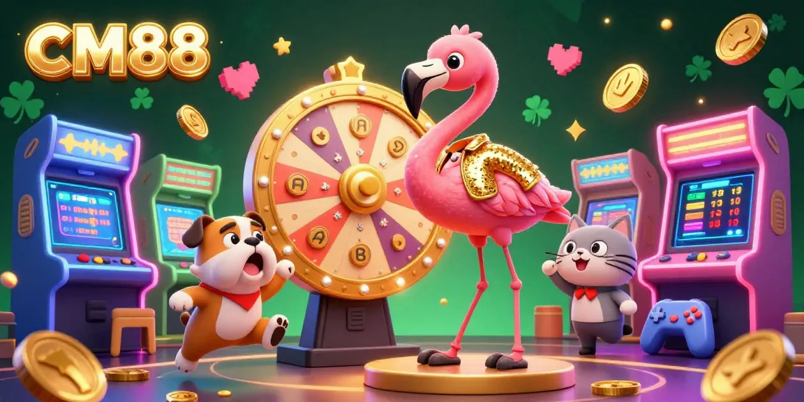 CM88 gaming scene with a flamingo host, bulldog contestant, and cat assistant celebrating wins.
