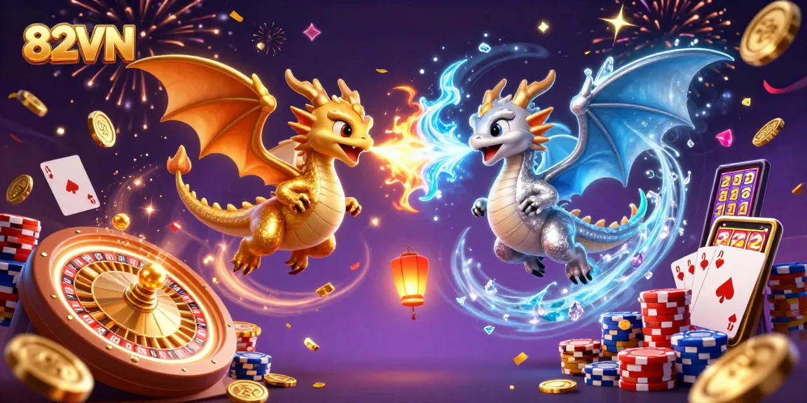 Engage in the thrilling world of 82VN gaming with gold and silver dragons amid a dynamic casino scene.