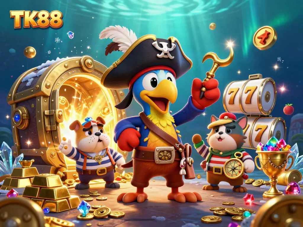 Experience the thrill of TK88 casino games through our vibrant 3D digital illustration packed with dynamic elements.