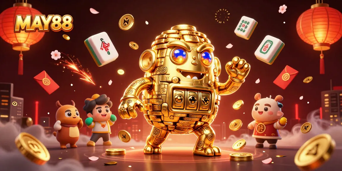 MAY88 features a dynamic and engaging casino scene with a golden golem, representing top gaming experiences.