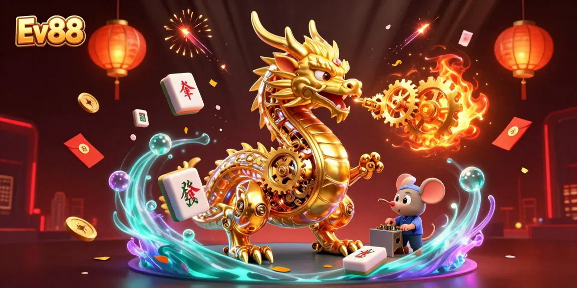 Experience the excitement of Ev88 with a 3D cartoon dragon surrounded by vibrant casino elements.