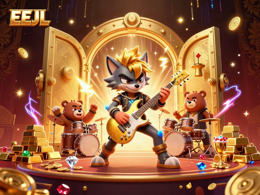 Experience the excitement of EEJL with a vibrant 3D casino stage featuring a rock star wolf and drummer bear.
